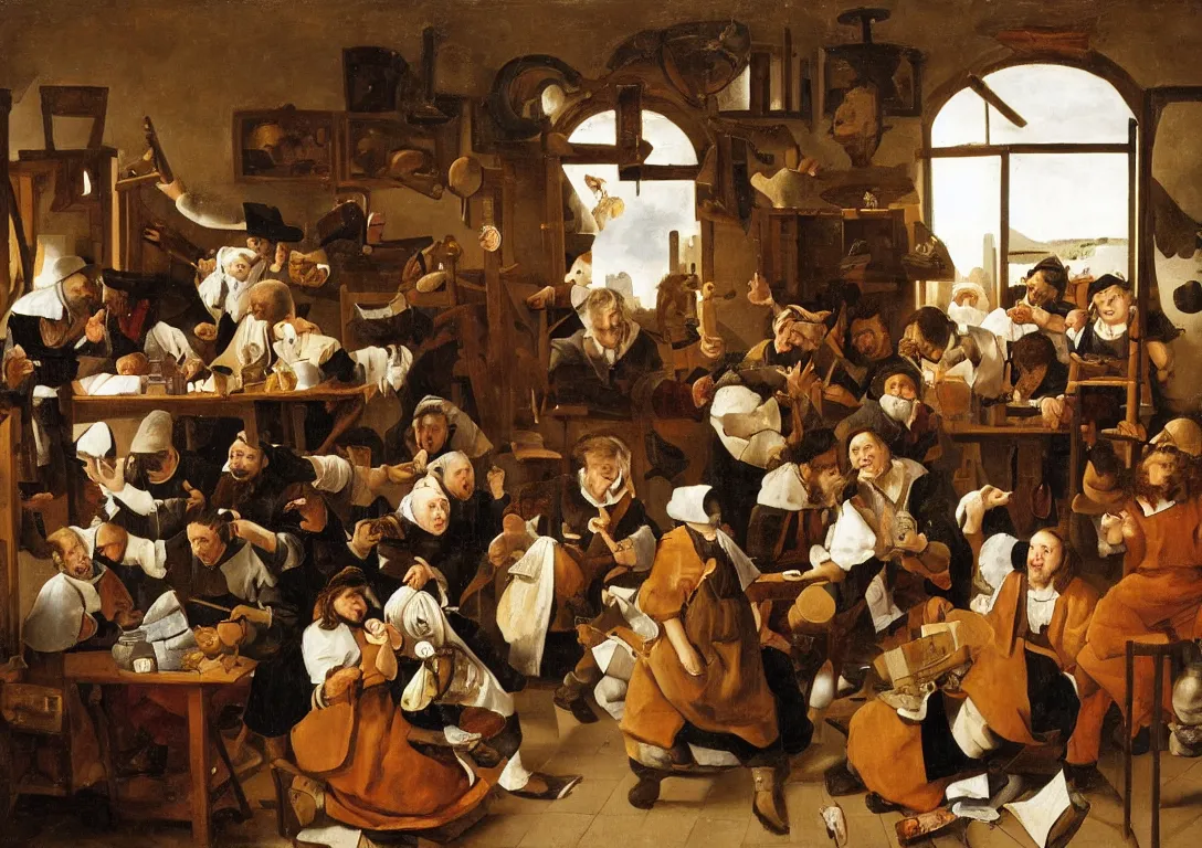 Image similar to Jan Steen arranges various actors in a small room with a window and low ceiling.