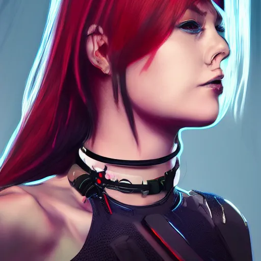 Image similar to realistic female character cyberpunk wearing technological collar around neck, realistic, art, beautiful, 4K, collar, choker, collar around neck, punk, artstation, detailed, female, woman, choker, cyberpunk, punk, collar, choker, collar around neck,