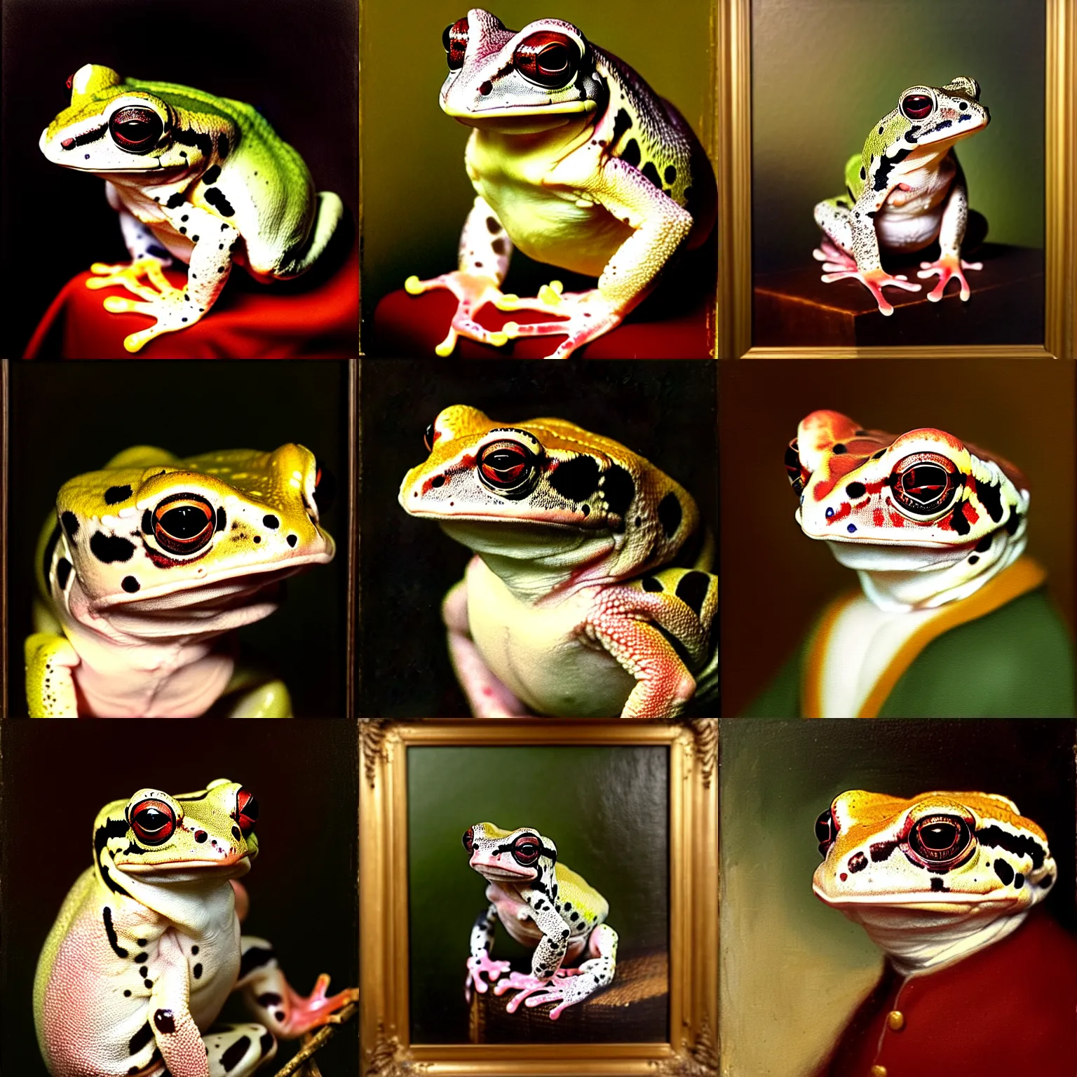 Prompt: a head - and - shoulders portrait of an amazon milk frog looking off camera wearing a colonial outfit, an american romanticism painting, a portrait painting, cgsociety, soft focus, oil on canvas