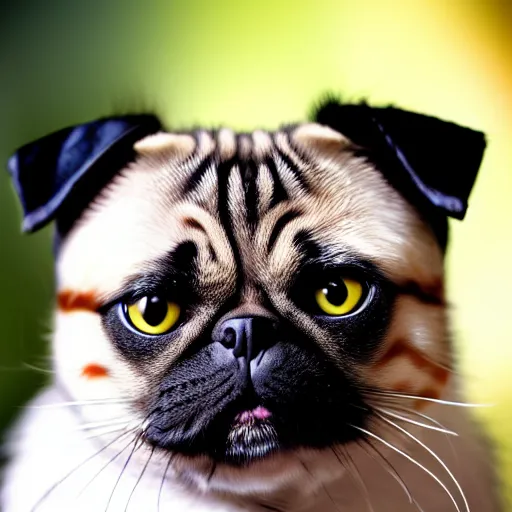 Image similar to a feline cat - pug - hybrid, animal photography