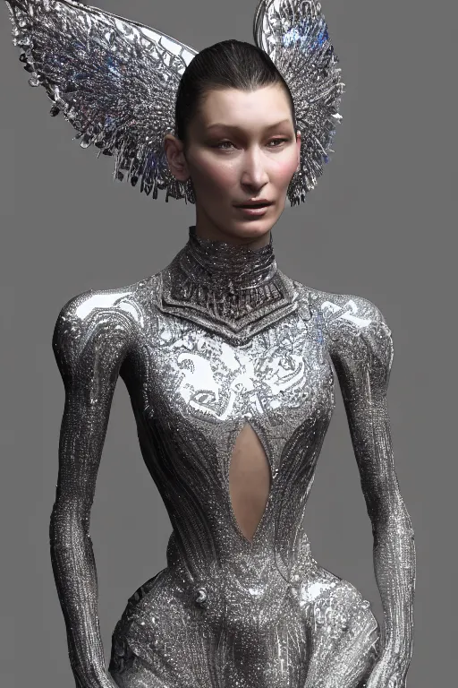 Image similar to a highly detailed 4 k render portrait of a beautiful alien goddess bella hadid in iris van herpen dress schiaparelli in diamonds in style of alphonse mucha trending on artstation made in unreal engine 4