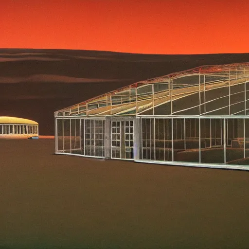 Prompt: Mars surface with space architecture greenhouses, Edward Hopper and James Gilleard, Zdzislaw Beksinski, Mark Ryden, Wolfgang Lettl highly detailed, hints of Yayoi Kasuma