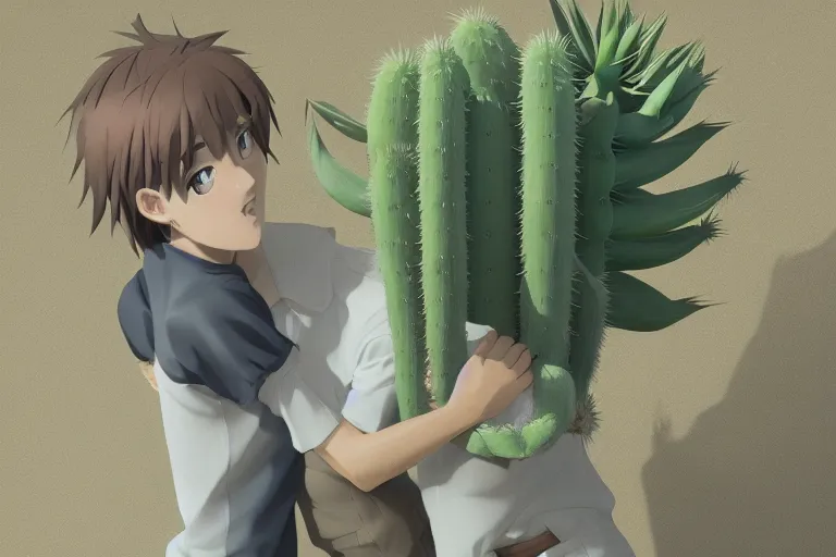 Image similar to beautiful anime of harry kane hugging a tall cactus, highly detailed, realistic, dynamic lighting, octane render, cinematic, masterpiece, trending on artstation,