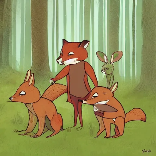 Image similar to 3 woodland critters, resistance, communist, bunny, mouse, fox, political meeting in the woods, antropomorphic, fantasy digital art, art station, green attire, art by kyle ferrin