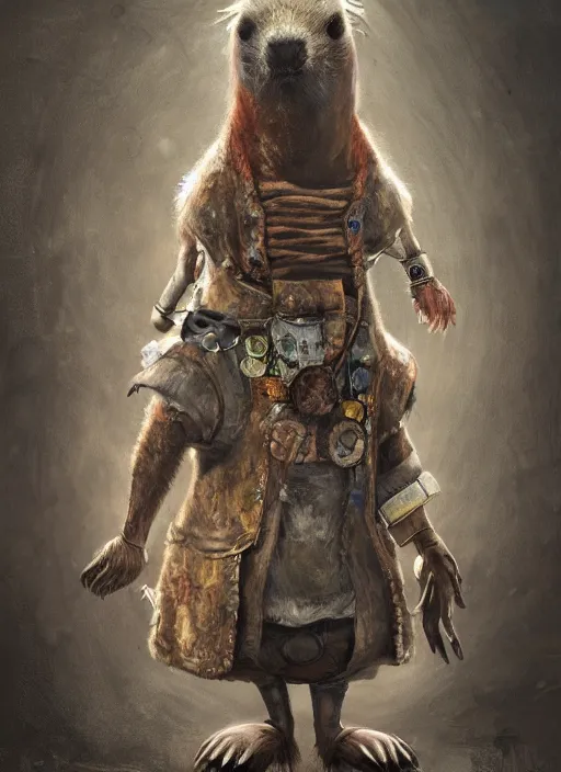 Image similar to detailed full body concept art illustration, dark soft focus, plague style oil painting on canvas of an anthropomorphic capybara doctor in full intricate clothing, biomutant, dystopian, micro detail, octane render, 4K