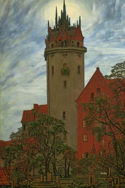 Image similar to view of the old tower and its gardens after a storm, tall windows lit up, beautiful ornamental architecture, dramatic cinematic lighting, rich colors, by Caspar David Friedrich and Diego Rivera and ford madox brown and Nicholas Roerich , smooth, sharp focus, extremely detailed, featured on artstation