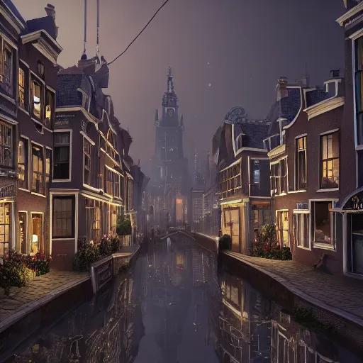 Prompt: a magical town with tall crooked buildings, deformed tall buildings, slanted tall buildings, inspired by amsterdam and victorian england, night time, digital painting, highly detailed, concept art, game art, matte painting, trending on artstation, octane render, 8 k, unreal engine