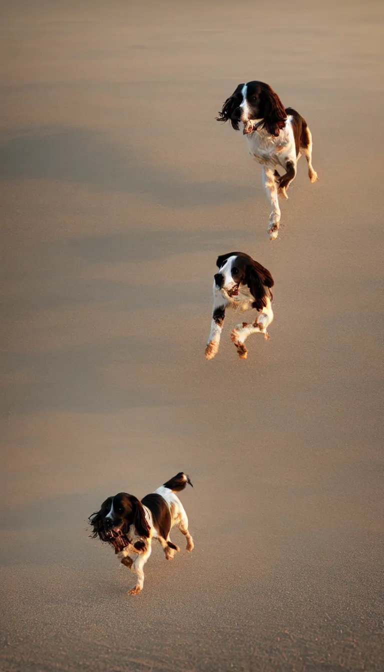 Prompt: a springer spaniel dog running along a beach, beautiful sunny morning, cinematic lighting, sunrise, octane render, photorealistic, fuji velvia, 35mm focal length, trending on artstation