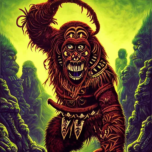Prompt: barong family member, wiwek, mara demon, one single tribe member, jungle, one single mask, dark, ancient warrior, defiant gorilla, violence blood, satan, diablo, tribal, inner glow, art by dan mumford and justin gerard