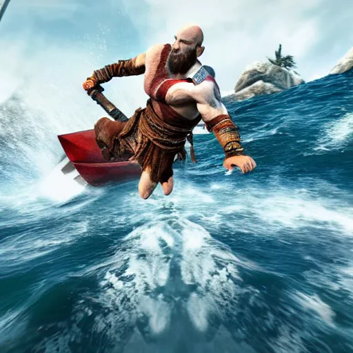 Image similar to screenshot of the game God of War with Kratos jumping waves on a jetski | Sony Pictures official media