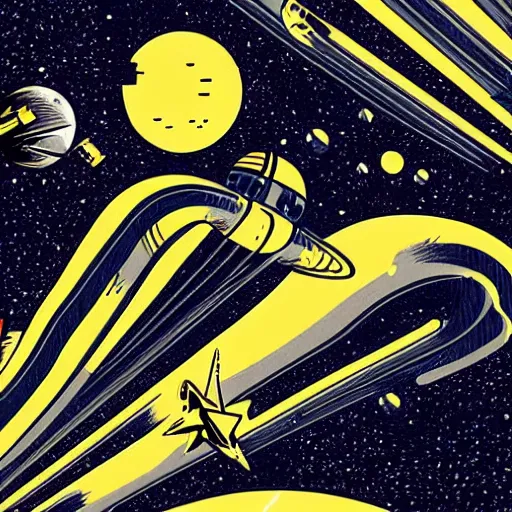 Image similar to colorful mcbess style interstellar war