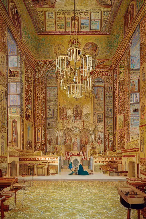 Image similar to scene from wes anderson orthodox cathedral building by helen lundeberg