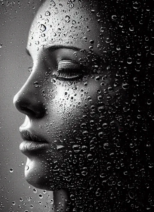 Prompt: a woman's face in profile, made of water droplets, in the style of the Dutch masters and Gregory Crewdson, dark and moody