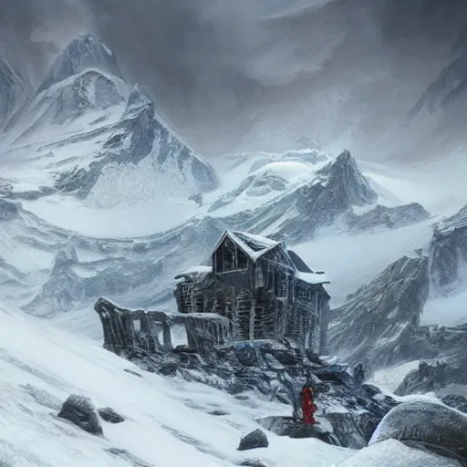 Prompt: strange ruins, at the mountains of madness, antarctic mountains, painted by seb mckinnon, high detail, dramatic light, antarctic mountains, digital art, painted by greg rutkowski, promotional movie posterart, trending on artstation