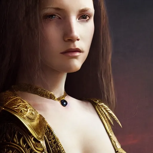 Image similar to pure and kind aristocratic long straight brunette female wearing an armour portrait, innocent, pure, naive, atmospheric lighting, painted, intricate, volumetric lighting, beautiful, rich deep colours masterpiece, golden hour, sharp focus, ultra detailed, by leesha hannigan, ross tran, thierry doizon, kai carpenter, ignacio fernandez rios