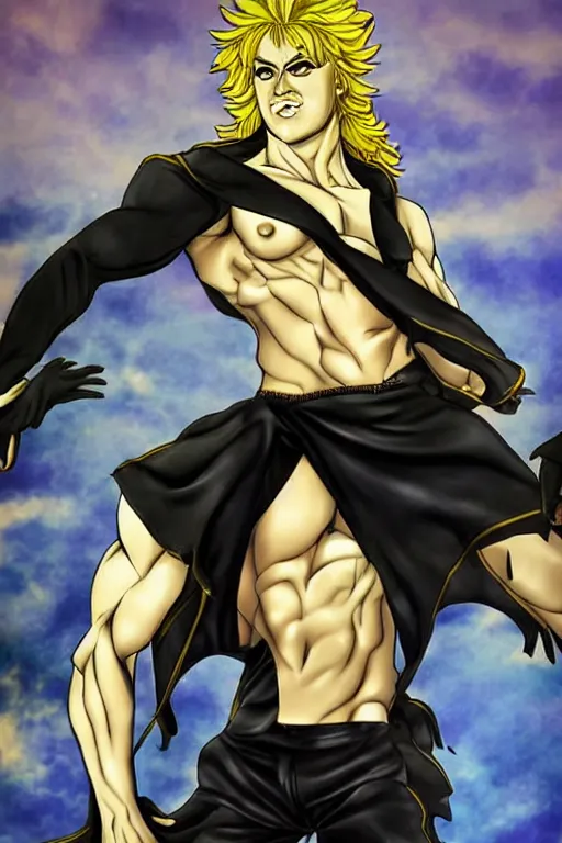 Dio Brando posing dramatically with a full moon behind, Stable Diffusion