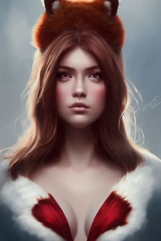 Image similar to a detailed portrait of a beautiful woman with ( red panda ) features, in professional makeup, dramatic lighting, by artgerm, ross tran, greg rutkowski, 4 k, trending on artstation