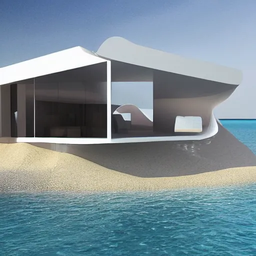 Image similar to “ a realistic model of a house floating on the beach, 8 k render designed by norman foster, high - tech design ”