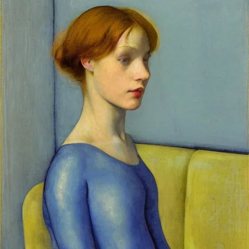 Image similar to close up of a girl in a blue and gold haunted liminal abandoned room, film still by edward hopper, by Pontormo, by klimt, pre-raphaelite. art noveau, art noveau, highly detailed, strong lights, liminal, eerie, Bright pastel colors
