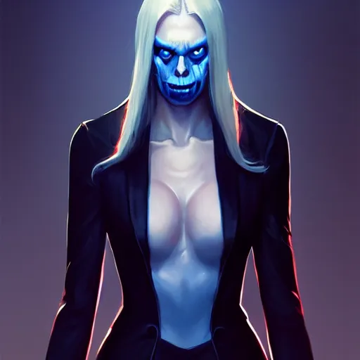 Prompt: girl in large black suit, long blonde hair, trident metal crown, dark grin, blue glowing eyes, dark scene, underlit, highly detailed, smooth concept art, airbrush, by artgerm greg rutkowski artstation