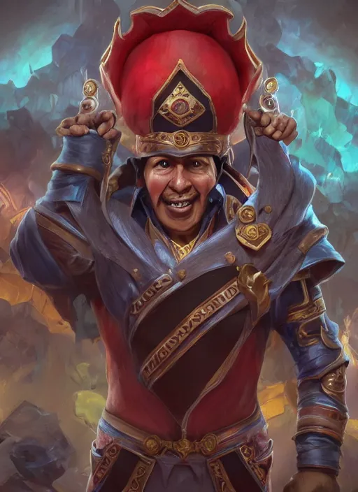 Prompt: the hugo chavez as a character from league of legends, hyper detailed, digital art, overhead view, trending in artstation, studio quality, smooth render, unreal engine 5 rendered, octane rendered, art style by klimt and nixeu and ian sprigger and wlop and krenz cushart