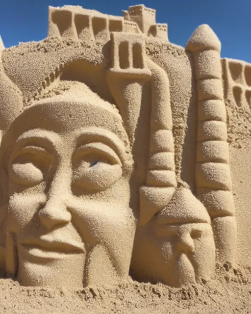 Image similar to a detailed sandcastle with the face of anonymous