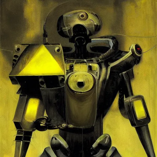 Image similar to a fullmetal wired neon robot kerberos in yellow noir without memory nor feelings, althoughbhe believes he is a god, oil on canvas by dave mckean and esao andrews