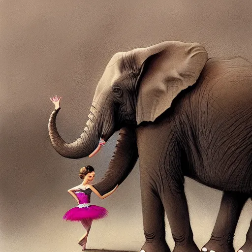 Image similar to an elephant is wearing a tutu next to a ballet dancer, greg rutkowski