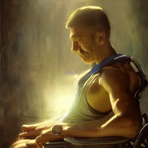 Image similar to handsome portrait of a wheelchair guy fitness posing, radiant light, caustics, war hero, playing wheelchair basketball, by gaston bussiere, bayard wu, greg rutkowski, giger, maxim verehin