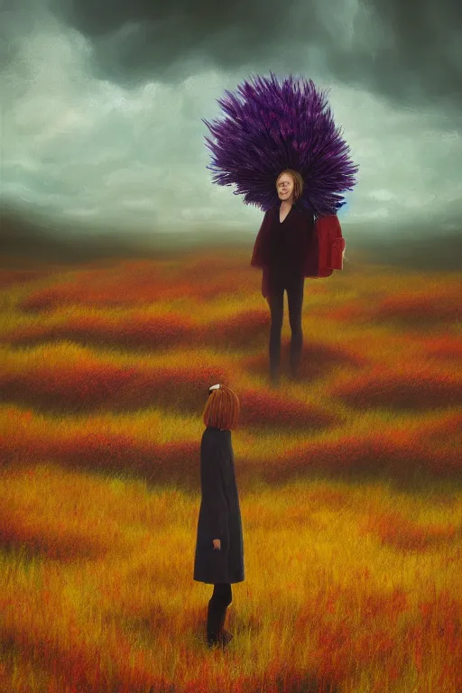 Prompt: portrait, giant flower head, a girl wearing a coat in heather field, surreal photography, wind and cold, dramatic sky, impressionist painting, digital painting, artstation, simon stalenhag