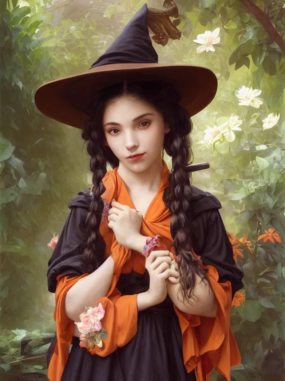 Image similar to Full shot of a cute mischievous young witch about to get up to some trouble. Latin American fashion. Floral patterns. Black and Orange palette. Latina girl. brown skin. defined facial features, symmetrical facial features. By Ruan Jia and Artgerm and Range Murata and WLOP and Ross Tran and William-Adolphe Bouguereau. Key Art. Fantasy Illustration. award winning, Artstation, intricate details, realistic, Hyperdetailed, 8k resolution.