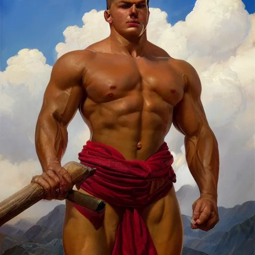 Image similar to the ultimate Peruvian gigachad, muscular man, oil on canvas artstation by J. C. Leyendecker and Edmund Blair Leighton and Charlie Bowater octane render