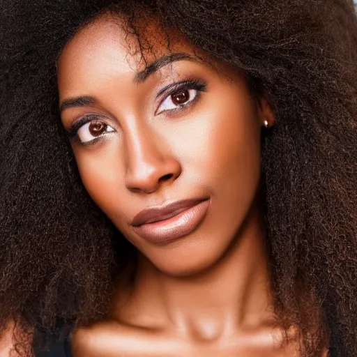 Image similar to a closeup portrait of a black woman with brown hair and brown eyes. Extremely clear and high quality eyes with reflection, realistic face and details, clear lips and high quality