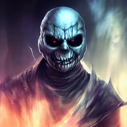 Image similar to photorealistic dark fantasy concept art of nightmare sans with his eye glowing, dynamic lighting, stunning visuals, ray tracing, beautiful scenery, cinematic, full body portrait, ultra detailed, hyper detail, stunning detail