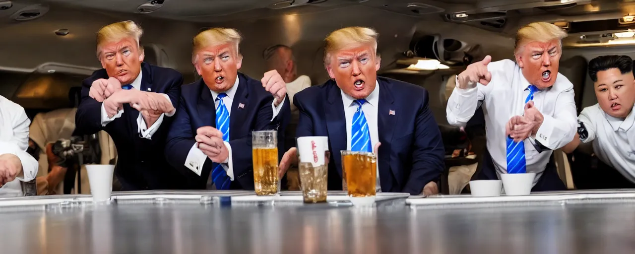 Prompt: donald trump with joe biden and kim jong un playing beer pong on air force one