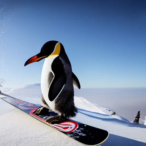 Image similar to ultrawide angle photograph of a snowboarding penguin, extremely detailed, the penguin has ruffled feathers, the snowboard he is standing on is bright red and carved, the snowboard has a tribal print, 8 k