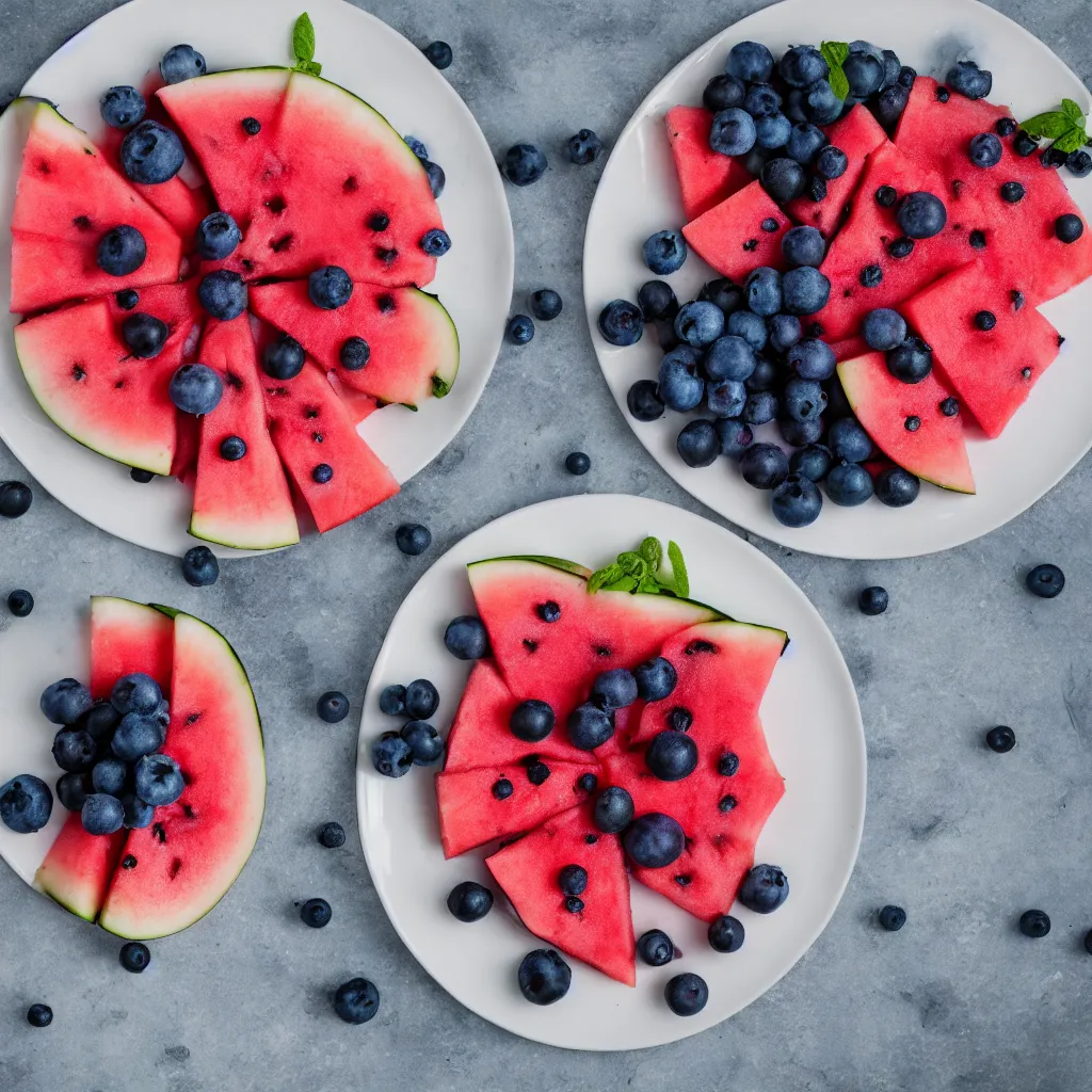 Prompt: blueberry watermelon hybrid on a plate, hyper real, food photography, high quality