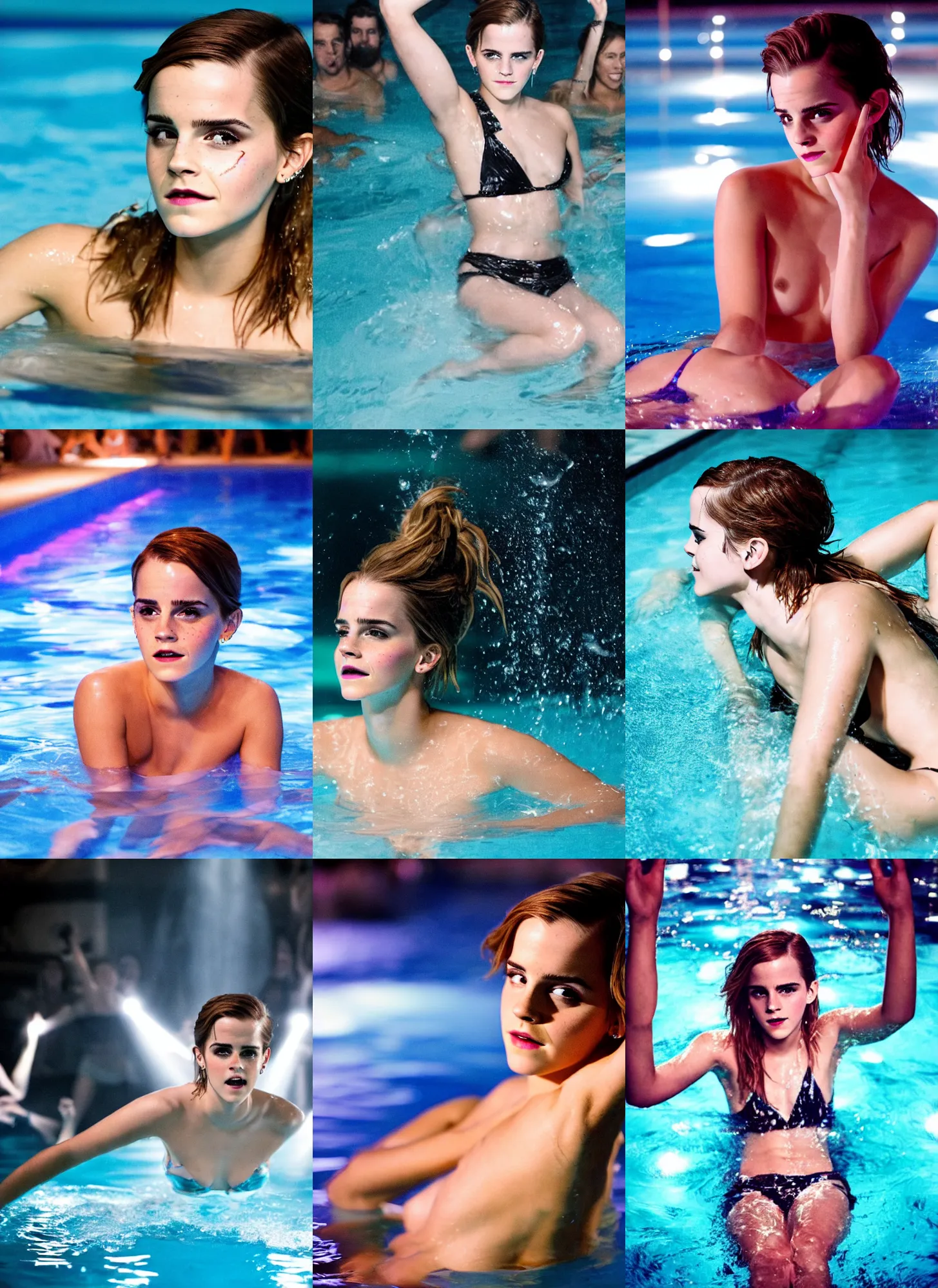 Prompt: a photo of crazy drunk emma watson partying hard in the water, having fun being the center of attention in a private crowded pool party in modern indoors pool with cyberpunk lighting at night. sensual photo. symmetrical balance, in - frame. photorealistic