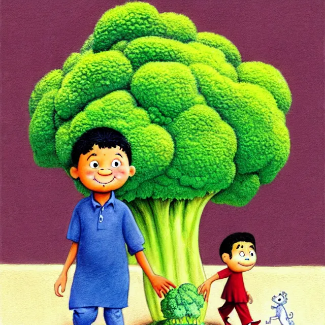 Image similar to professional kids book illustration of a Pakistani toddler boy walking beside a friendly anthropomorphic broccoli, best on artstation,, astonishing, impressive, outstanding, cheerful, stunning, masterpiece by Maurice Sendak and Bill Peet.