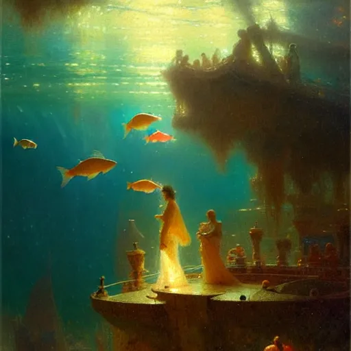 Image similar to you are at the bottom of the ocean looking up, see fishes swimming, the milk way, night time, midnight. highly detailed painting by gaston bussiere, greg rutkowski 8 k