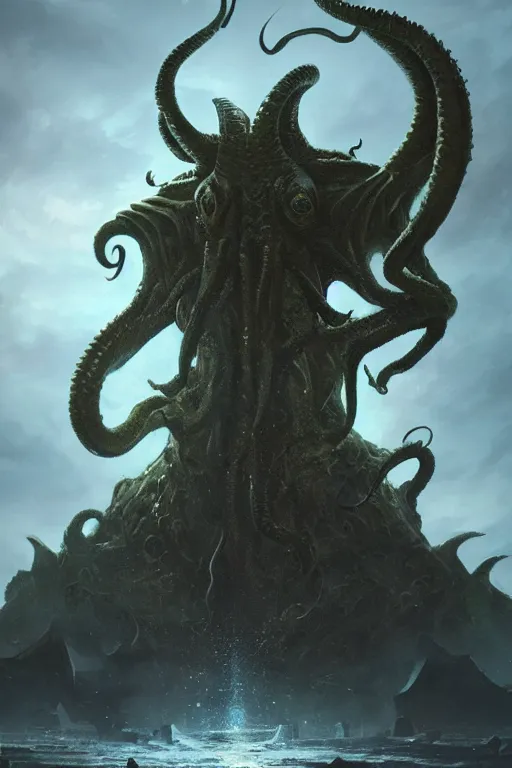 Image similar to cthulhu, huge, towering, gigantic, high octane, 8 k, digital art, magic the gathering, mtg, by greg rutkowski, trending on artstation