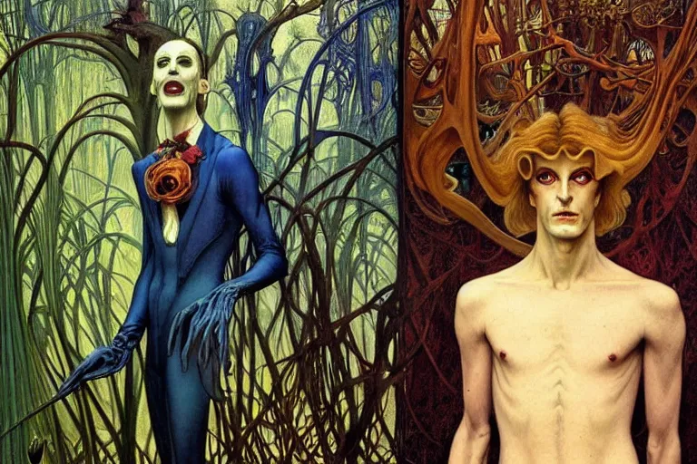 Prompt: realistic extremely detailed portrait painting of an elegantly creepy vampire man dressed as dracula, futuristic sci-fi forest on background by Jean Delville, Amano, Yves Tanguy, Alphonse Mucha, Ernst Haeckel, Edward Robert Hughes, Roger Dean, rich moody colours, blue eyes