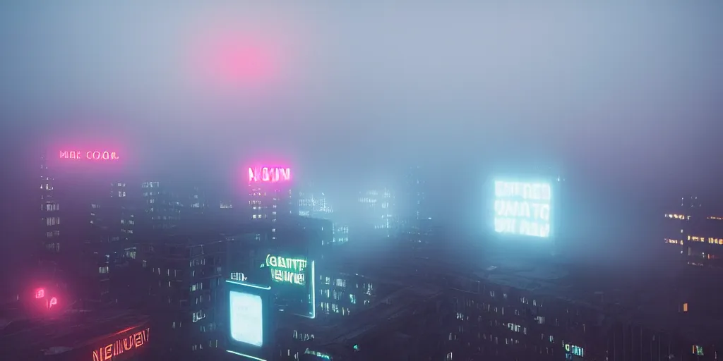 Image similar to giant illuminated advert screens, eerie fog, megacity streets seen from above, neon signs, blade runner, ex machina