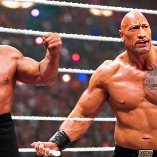 Prompt: Dwayne the Rock Johnson versus Jesus Christ, WWE wrestling match, hell in a cell