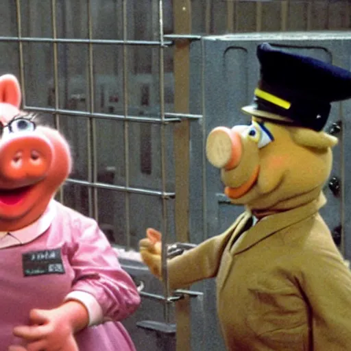Prompt: miss piggy as a prison guard at a maximum security prison, hyperreal, documentary style, the mansfield reformatory, shawshank redemption - h 6 4 0
