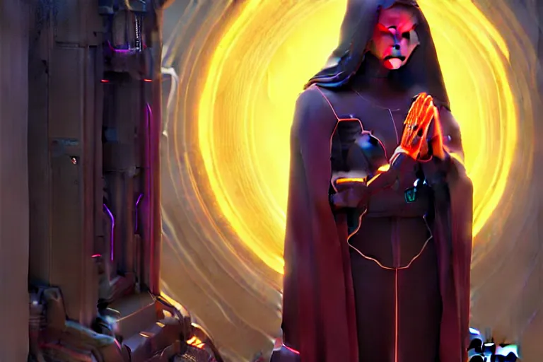 Prompt: patron saint 👩🏾 praying with machine, futuristic long robes clothing, worm hole, neon god of city character portrait, in the style of moebius, wlop, tom bagshaw, and waterhouse, cinematic lighting, beautiful, elegant, oil painting,