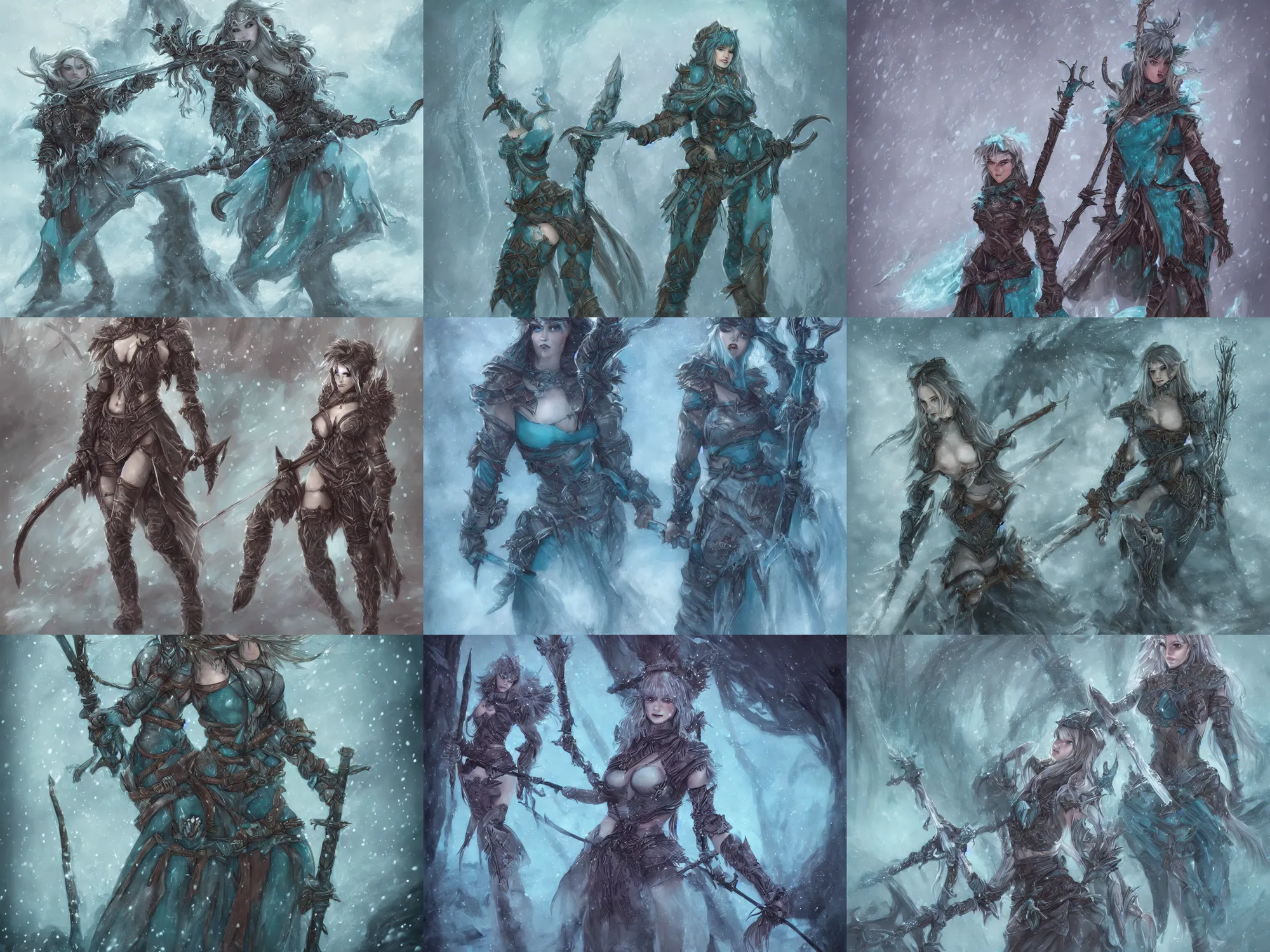 Prompt: womanly fantasy hunter in icewind dale, drawn bow and quiver, bagshaw art style, falling snow, perfect symmetrical facial features, misty, fog, masterpiece, teal palette, curvy and bow, finely masked