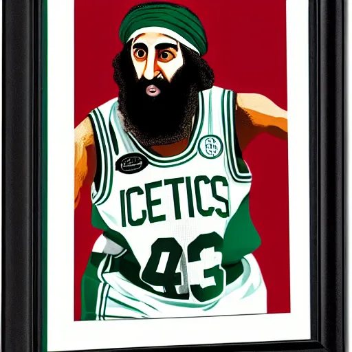 Prompt: facial portrait of osama bin laden shooting free throws, boston celtics