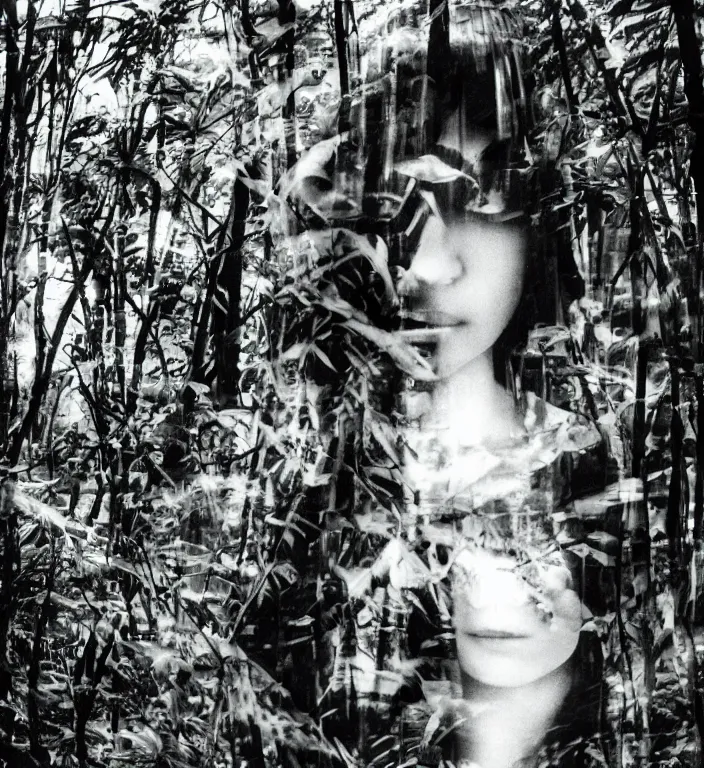 Prompt: a female model with long black hair, emerging from a dense misty jungle wearing camouflage by yohji yamamoto, in the style of daido moriyama, 3 5 mm film, camera obscura, double exposure