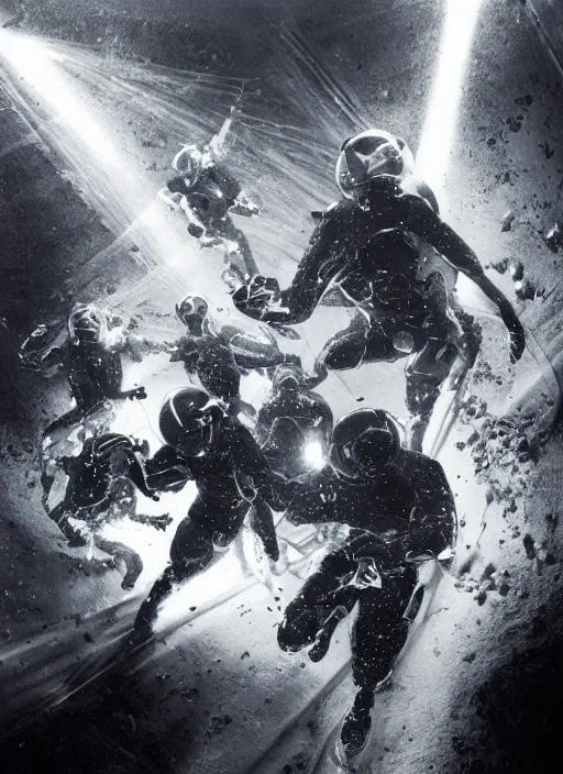 Image similar to astronauts in dark and empty void underwater - complex and dynamic composition. reflection and dispersion materials. rays and dispersion of light. volumetric light. 5 0 mm, f / 3 2. noise film photo. flash photography. ultra realistic, motion blur poster by wayne barlowe, hajime sorayama aaron horkey, craig mullins. dark key.